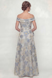 Dusty Blue Off the Shoulder Floral A Line Long Mother of the Bride Dress