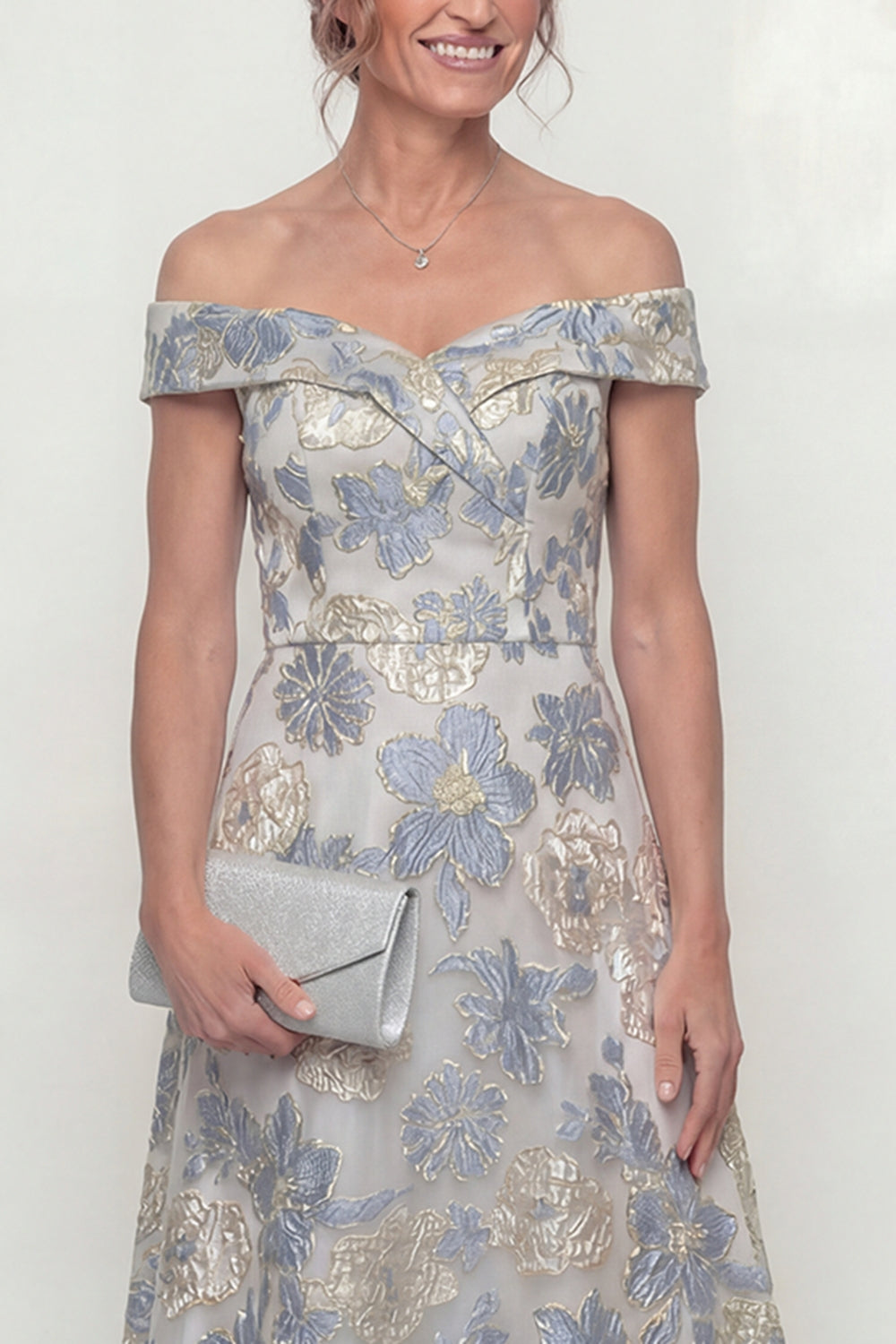 Dusty Blue Off the Shoulder Floral A Line Long Mother of the Bride Dress