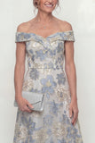 Dusty Blue Off the Shoulder Floral A Line Long Mother of the Bride Dress