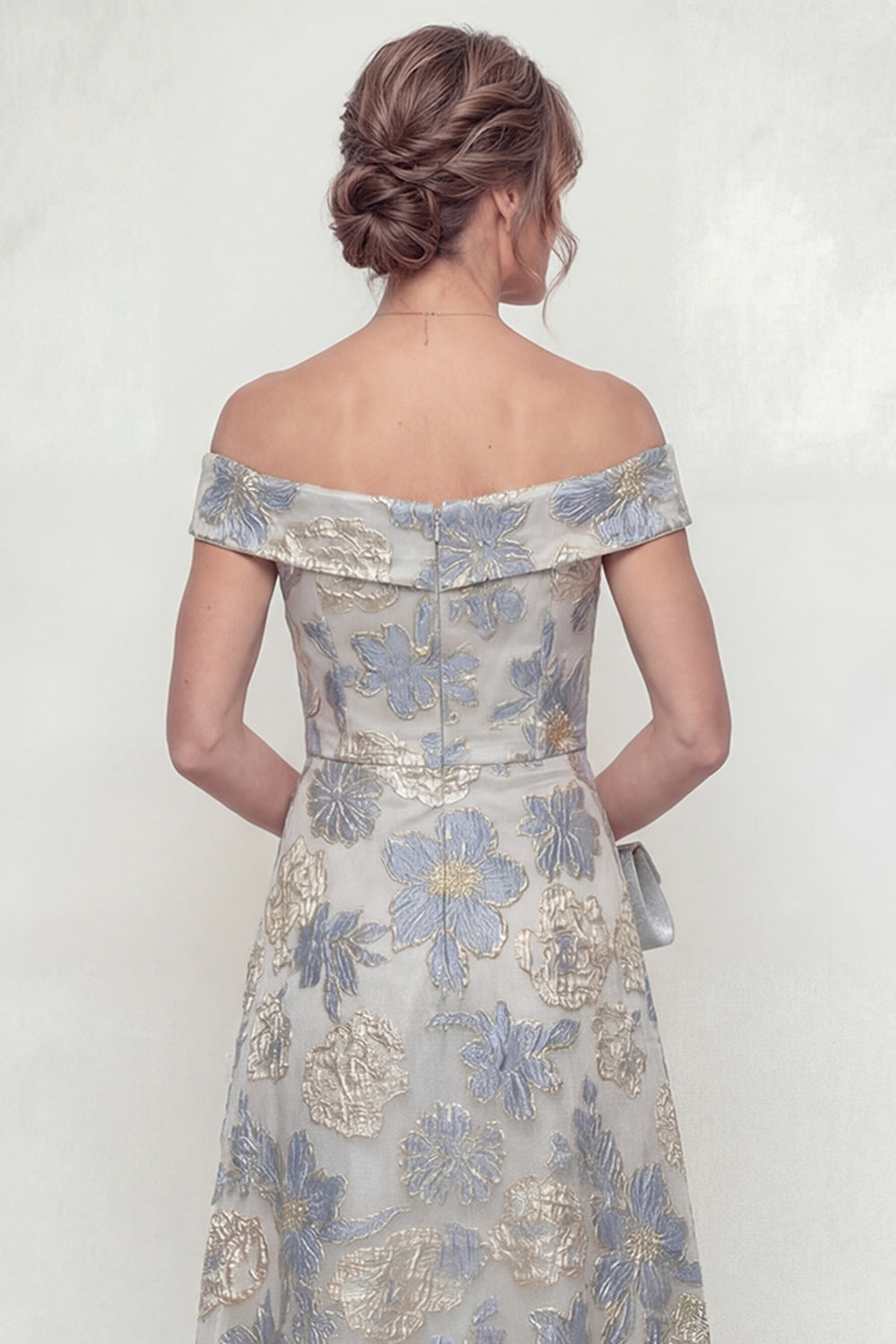 Dusty Blue Off the Shoulder Floral A Line Long Mother of the Bride Dress