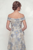 Dusty Blue Off the Shoulder Floral A Line Long Mother of the Bride Dress