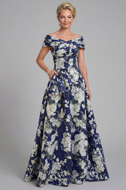 Navy Long A Line Floral Mother of the Bride Dress with Pockets