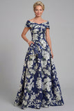 Navy Long A Line Floral Mother of the Bride Dress with Pockets