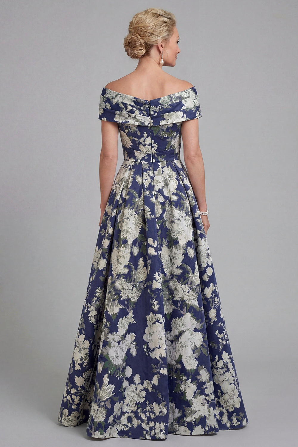 Zapakasa Women Navy Long Floral Mother of the Bride Dress with Bow Off the  Shoulder Ruched A Line Wedding Guest Dress with Pockets