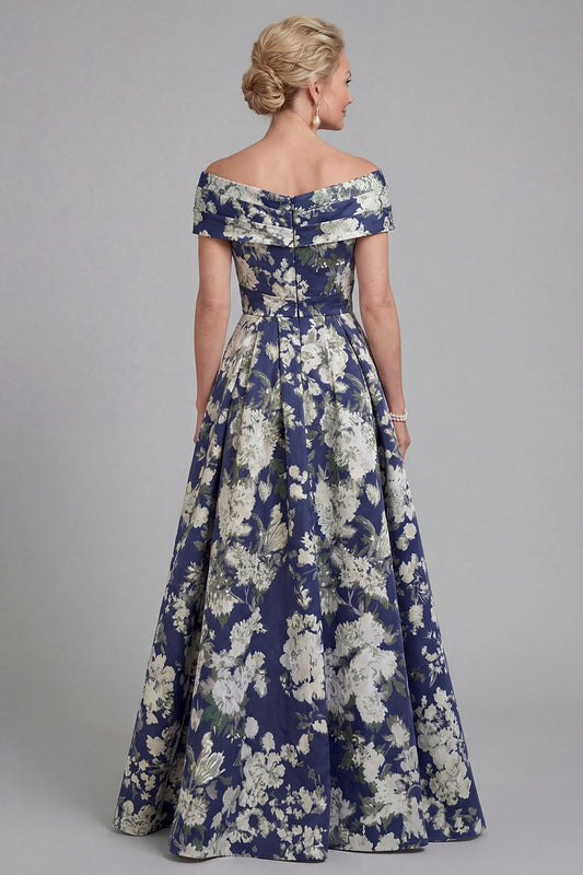 Navy Long A Line Floral Mother of the Bride Dress with Pockets