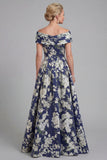 Navy Long A Line Floral Mother of the Bride Dress with Pockets