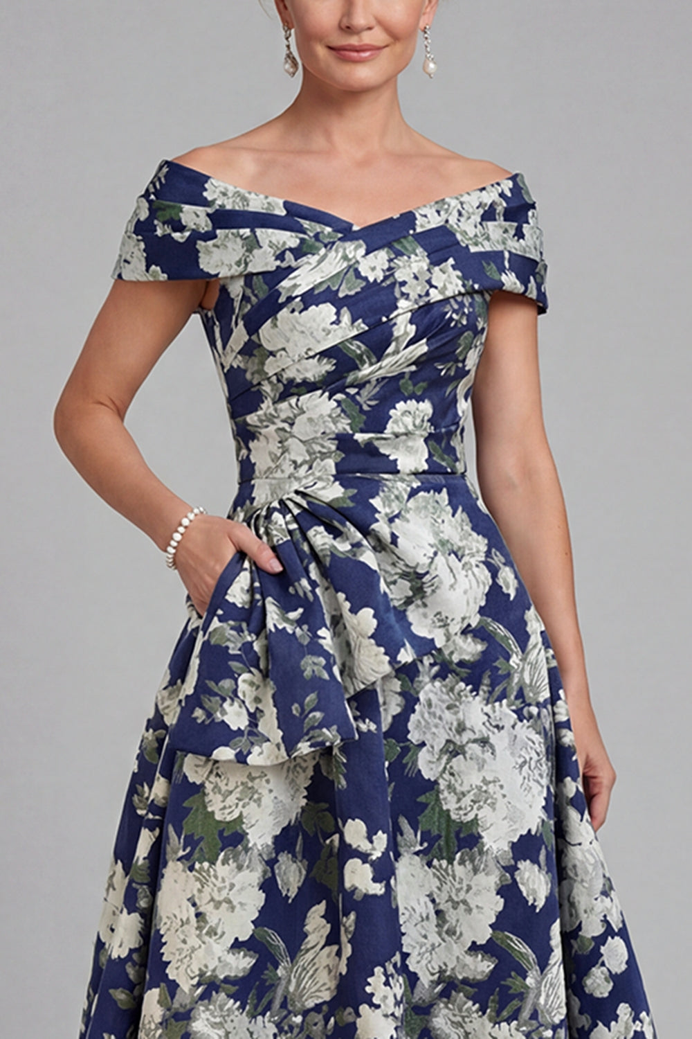 Navy Long A Line Floral Mother of the Bride Dress with Pockets