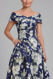 Navy Long A Line Floral Mother of the Bride Dress with Pockets
