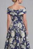Navy Long A Line Floral Mother of the Bride Dress with Pockets