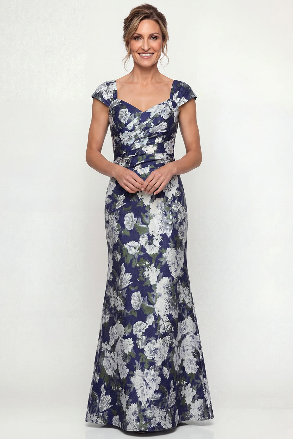 Navy Mermaid Long Cap Sleeves Floral Mother of the Bride Dress
