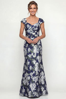 Navy Mermaid Long Cap Sleeves Floral Mother of the Bride Dress