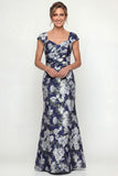 Navy Mermaid Long Cap Sleeves Floral Mother of the Bride Dress