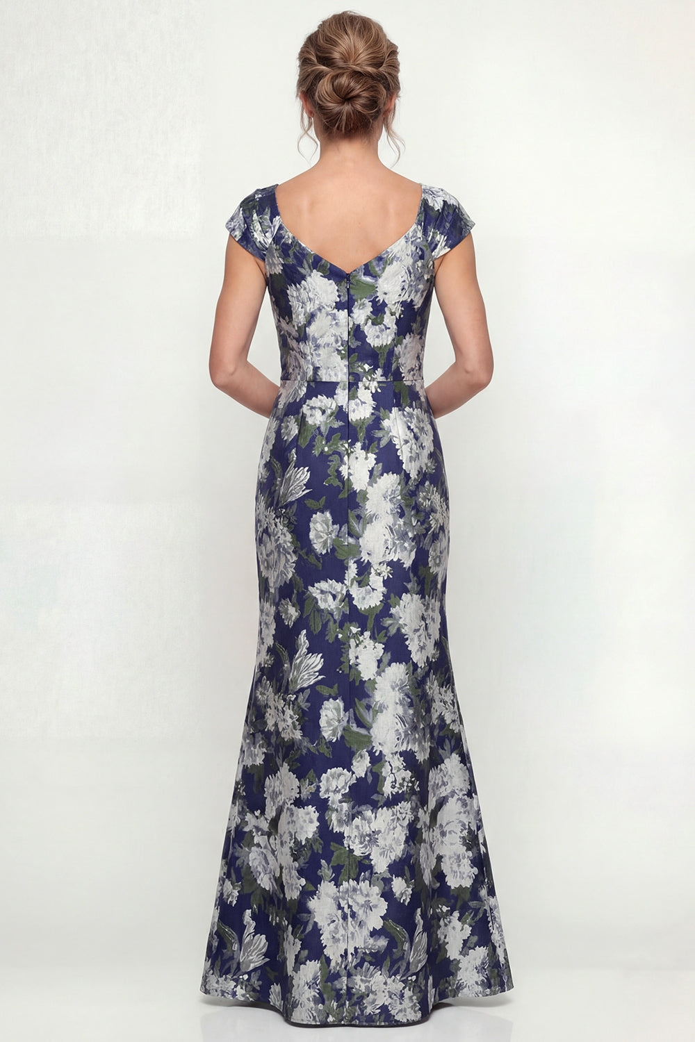 Navy Mermaid Long Cap Sleeves Floral Mother of the Bride Dress