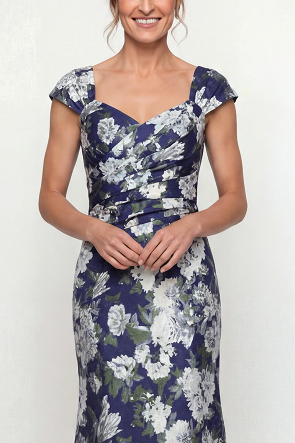 Navy Mermaid Long Cap Sleeves Floral Mother of the Bride Dress