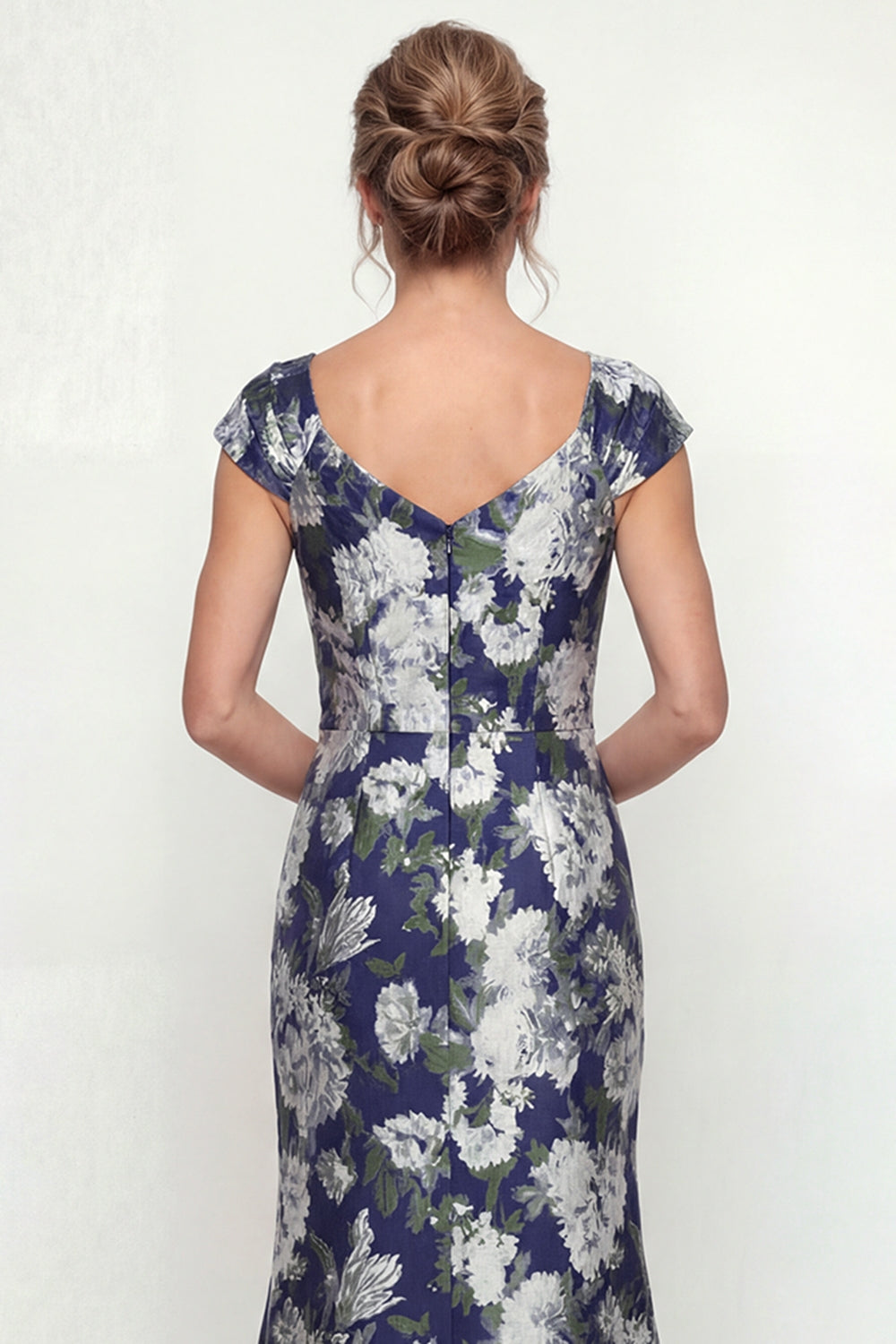 Navy Mermaid Long Cap Sleeves Floral Mother of the Bride Dress