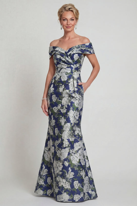 Navy Off the Shoulder Long Floral Mermaid Mother of the Bride Dress