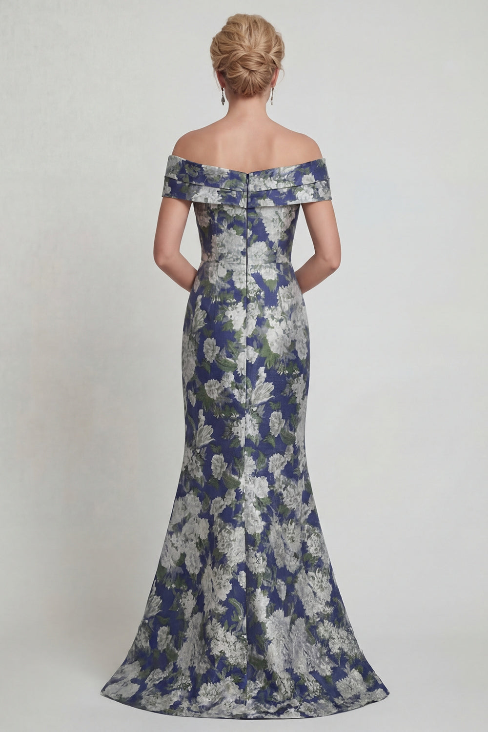 Navy Off the Shoulder Long Floral Mermaid Mother of the Bride Dress