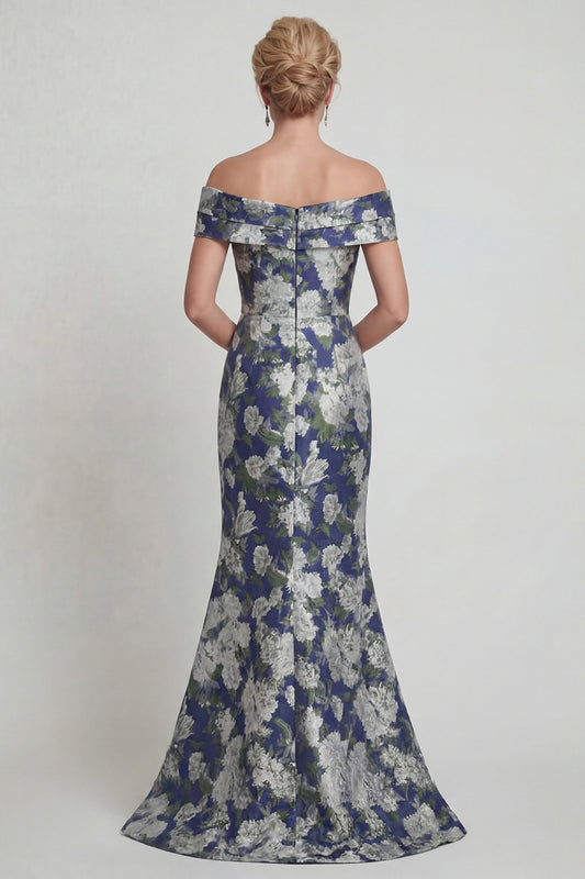 Navy Off the Shoulder Long Floral Mermaid Mother of the Bride Dress