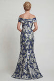 Navy Off the Shoulder Long Floral Mermaid Mother of the Bride Dress