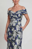 Navy Off the Shoulder Long Floral Mermaid Mother of the Bride Dress