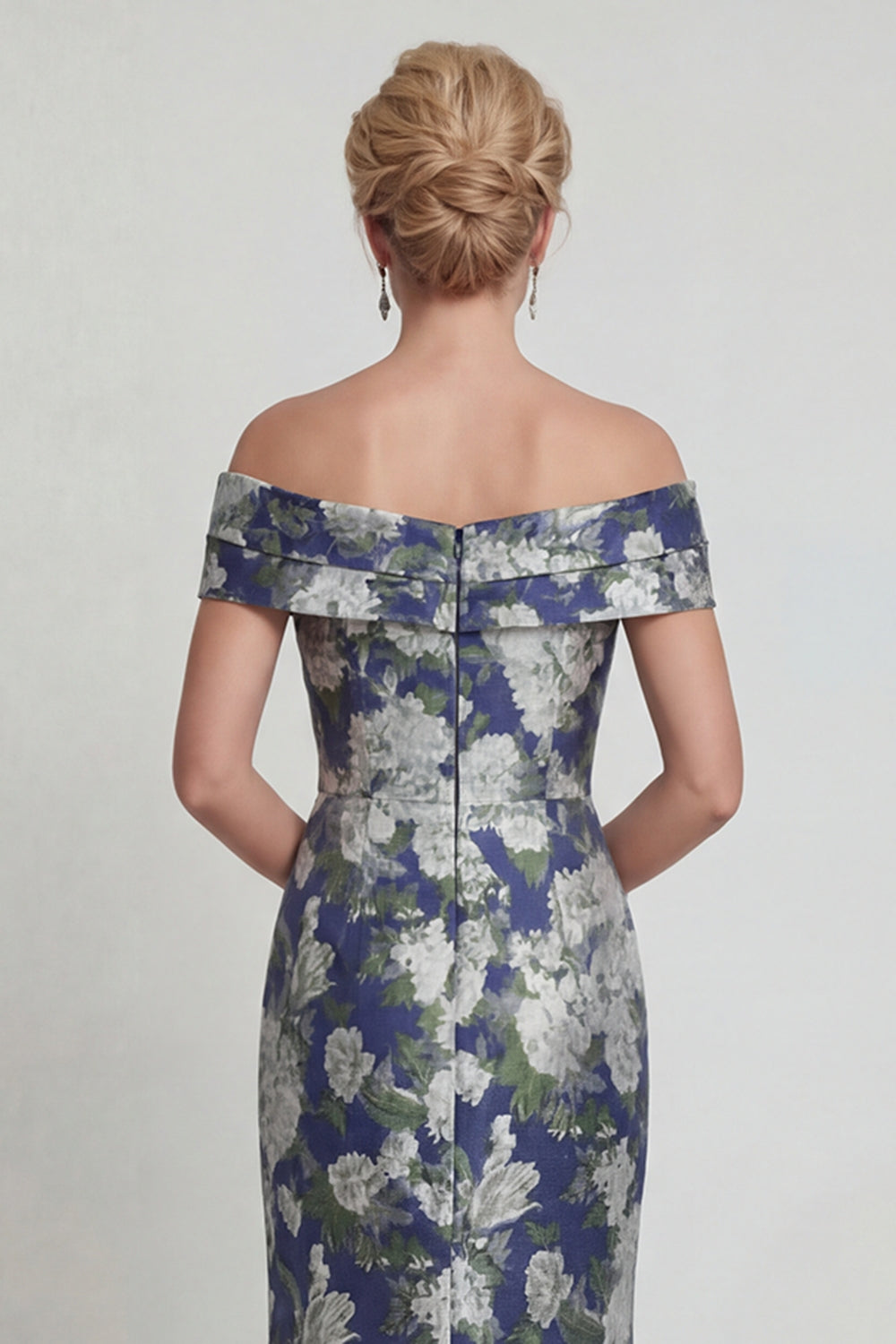 Navy Off the Shoulder Long Floral Mermaid Mother of the Bride Dress