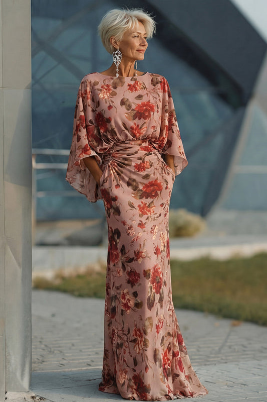 Zapakasa Women Floral Dusty Rose Long Mother of the Bride Dress with Sleeves Ruched Boat Neck Sheath Wedding Guest Dress with Pockets
