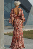 Floral Dusty Rose Boat Neck Long Mother of the Bride Dress with Pockets