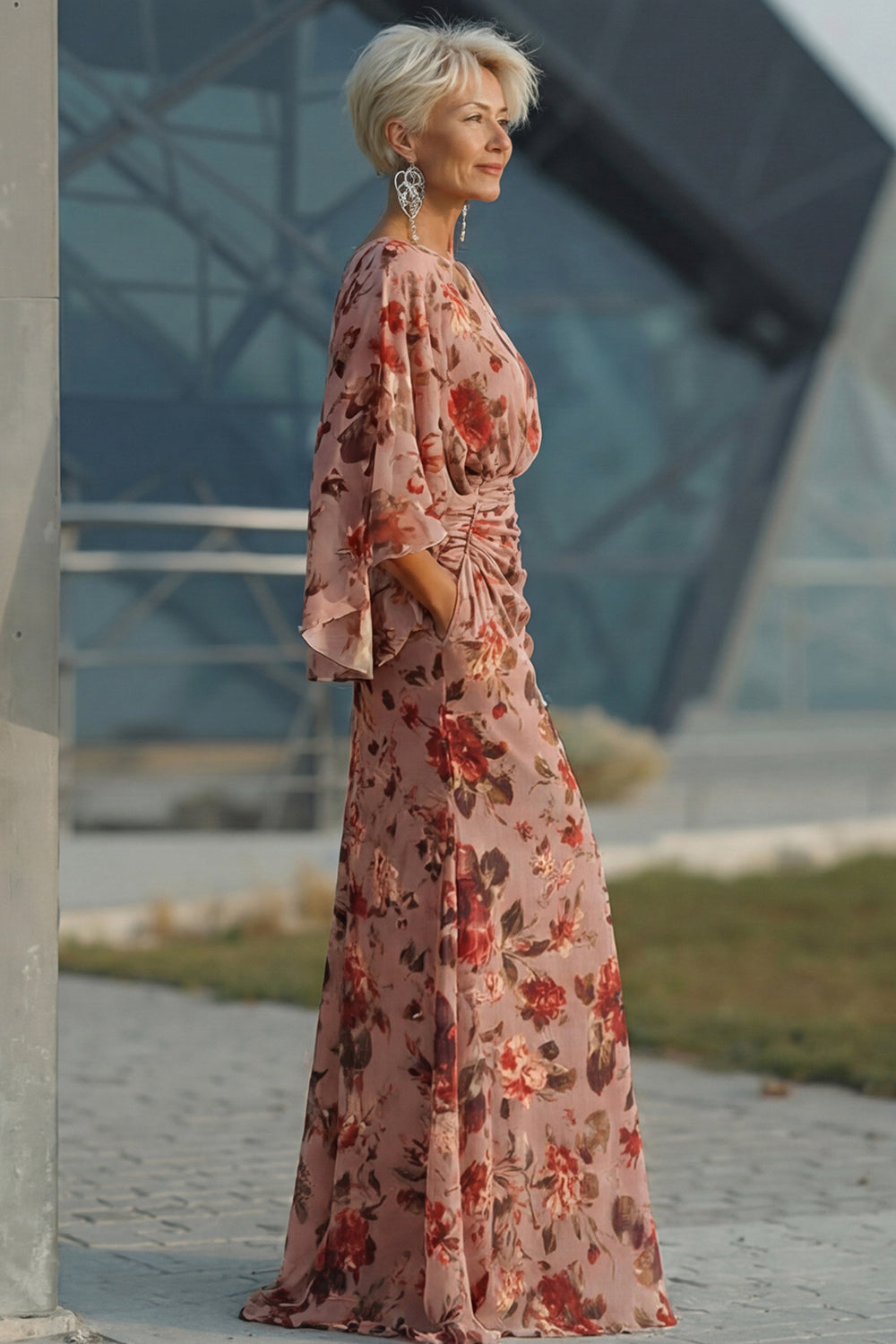 Floral Dusty Rose Boat Neck Long Mother of the Bride Dress with Pockets