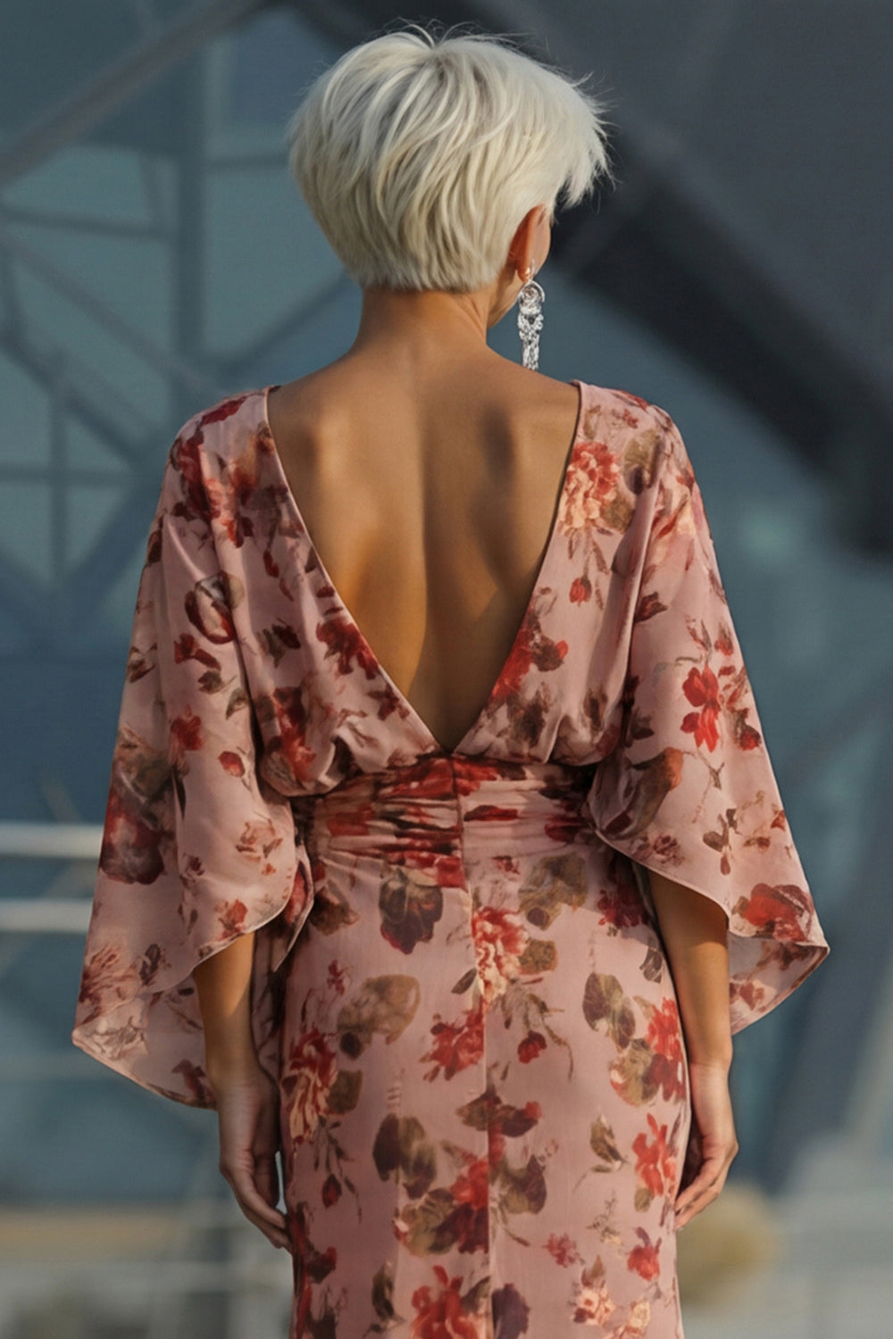 Floral Dusty Rose Boat Neck Long Mother of the Bride Dress with Pockets