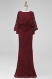 Burgundy Floral Lace Sheath Boat Neck Long Mother of the Bride Dress with Pockets
