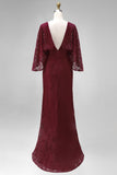 Burgundy Floral Lace Sheath Boat Neck Long Mother of the Bride Dress with Pockets