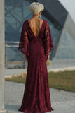 Burgundy Floral Lace Sheath Boat Neck Long Mother of the Bride Dress with Pockets