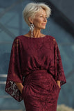 Burgundy Floral Lace Sheath Boat Neck Long Mother of the Bride Dress with Pockets