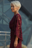 Burgundy Floral Lace Sheath Boat Neck Long Mother of the Bride Dress with Pockets