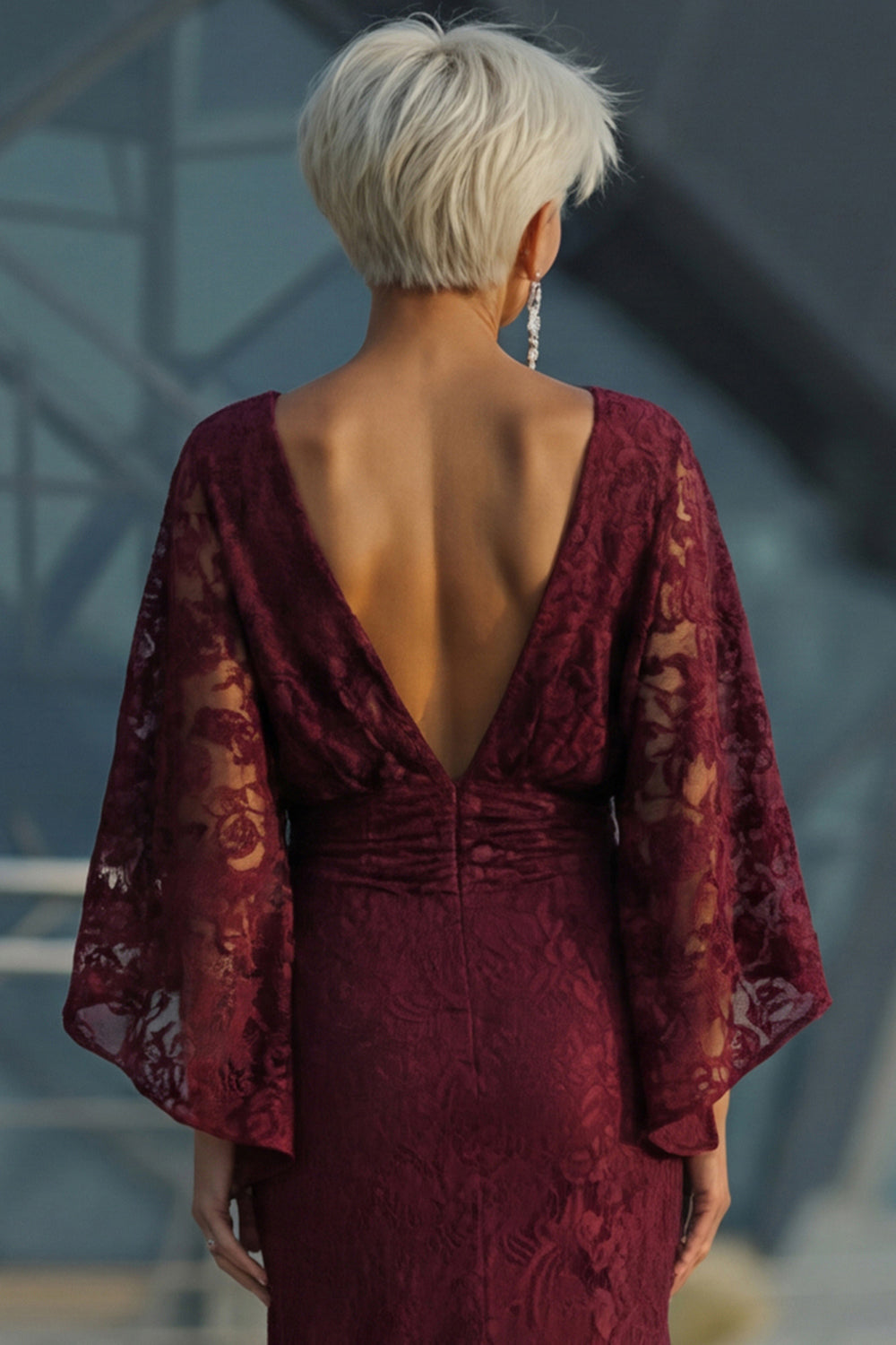Burgundy Floral Lace Sheath Boat Neck Long Mother of the Bride Dress with Pockets