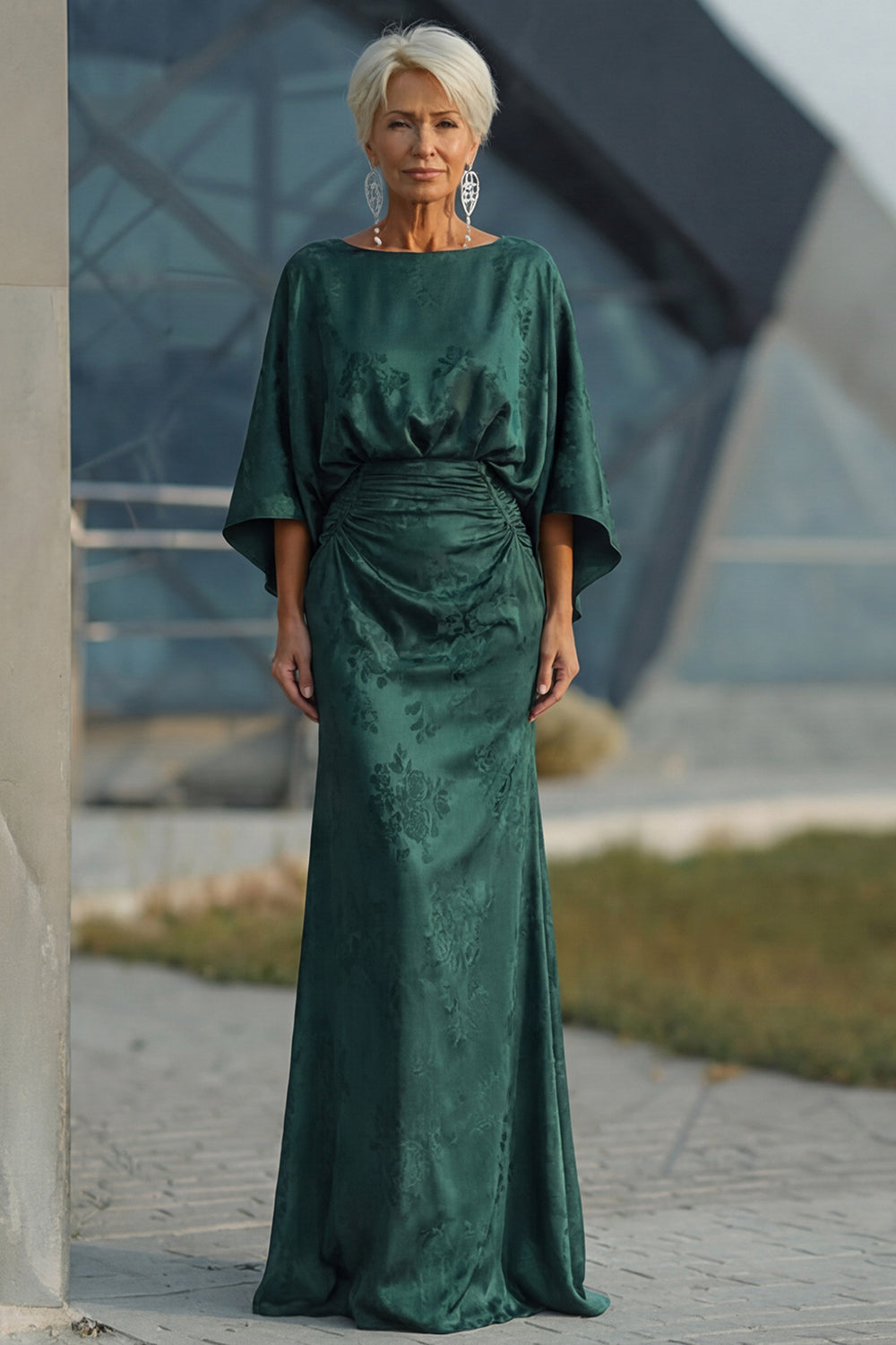 Pine Floral Sheath Jacquard Long Mother of the Bride Dress with Sleeves