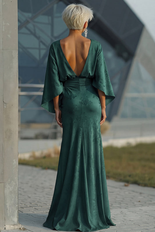 Pine Floral Sheath Jacquard Long Mother of the Bride Dress with Sleeves