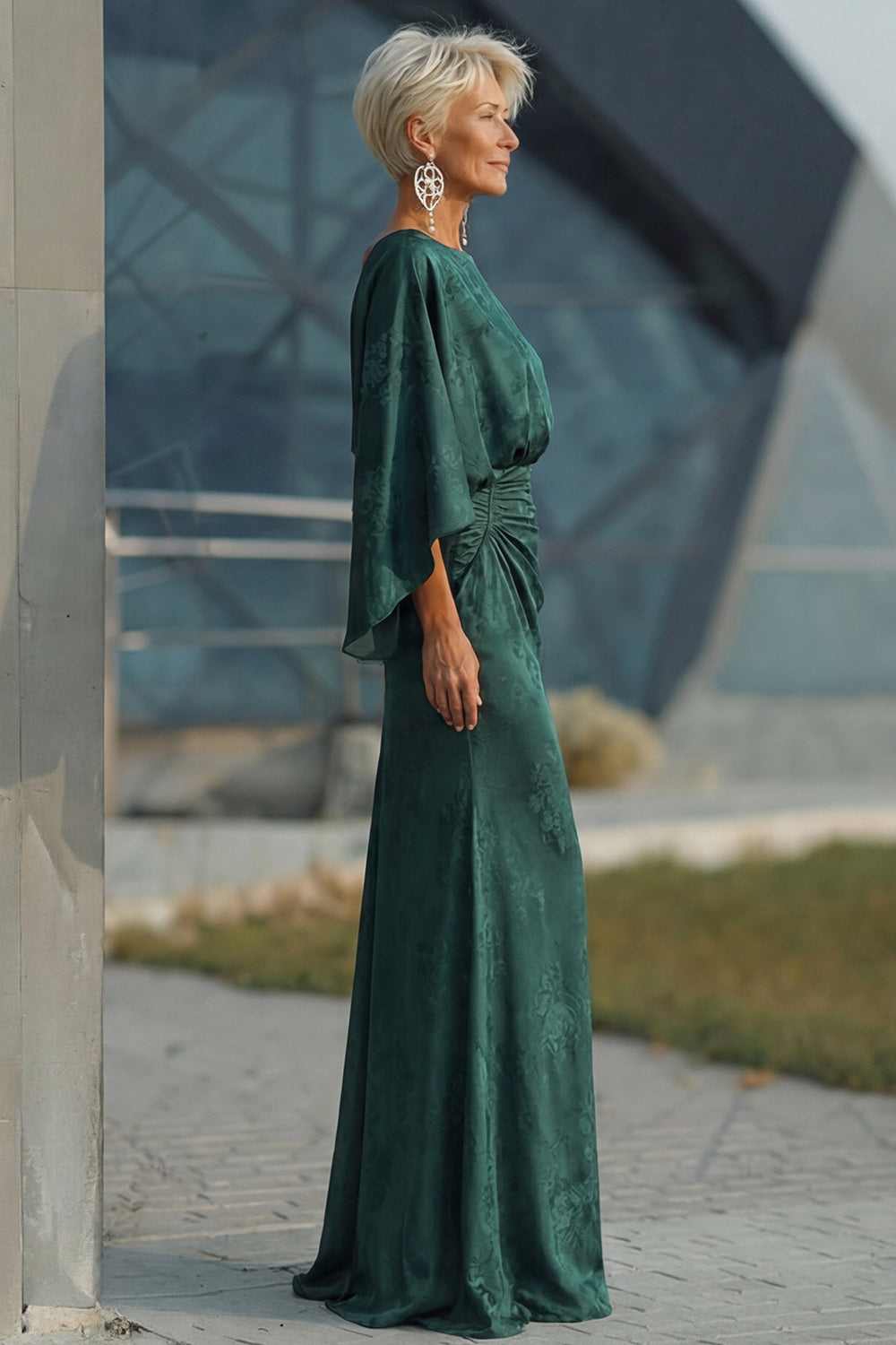 Pine Floral Sheath Jacquard Long Mother of the Bride Dress with Sleeves