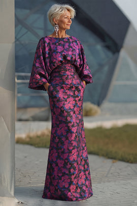 Floral Fuchsia Sheath Ruched Long Mother of the Bride Dress with Sleeves