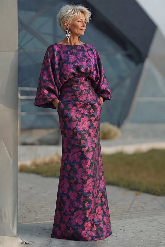 Floral Fuchsia Sheath Ruched Long Mother of the Bride Dress with Sleeves
