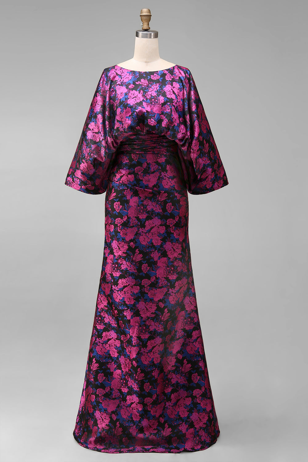 Floral Fuchsia Sheath Ruched Long Mother of the Bride Dress with Sleeves