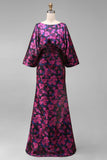 Floral Fuchsia Sheath Ruched Long Mother of the Bride Dress with Sleeves