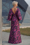 Floral Fuchsia Sheath Ruched Long Mother of the Bride Dress with Sleeves