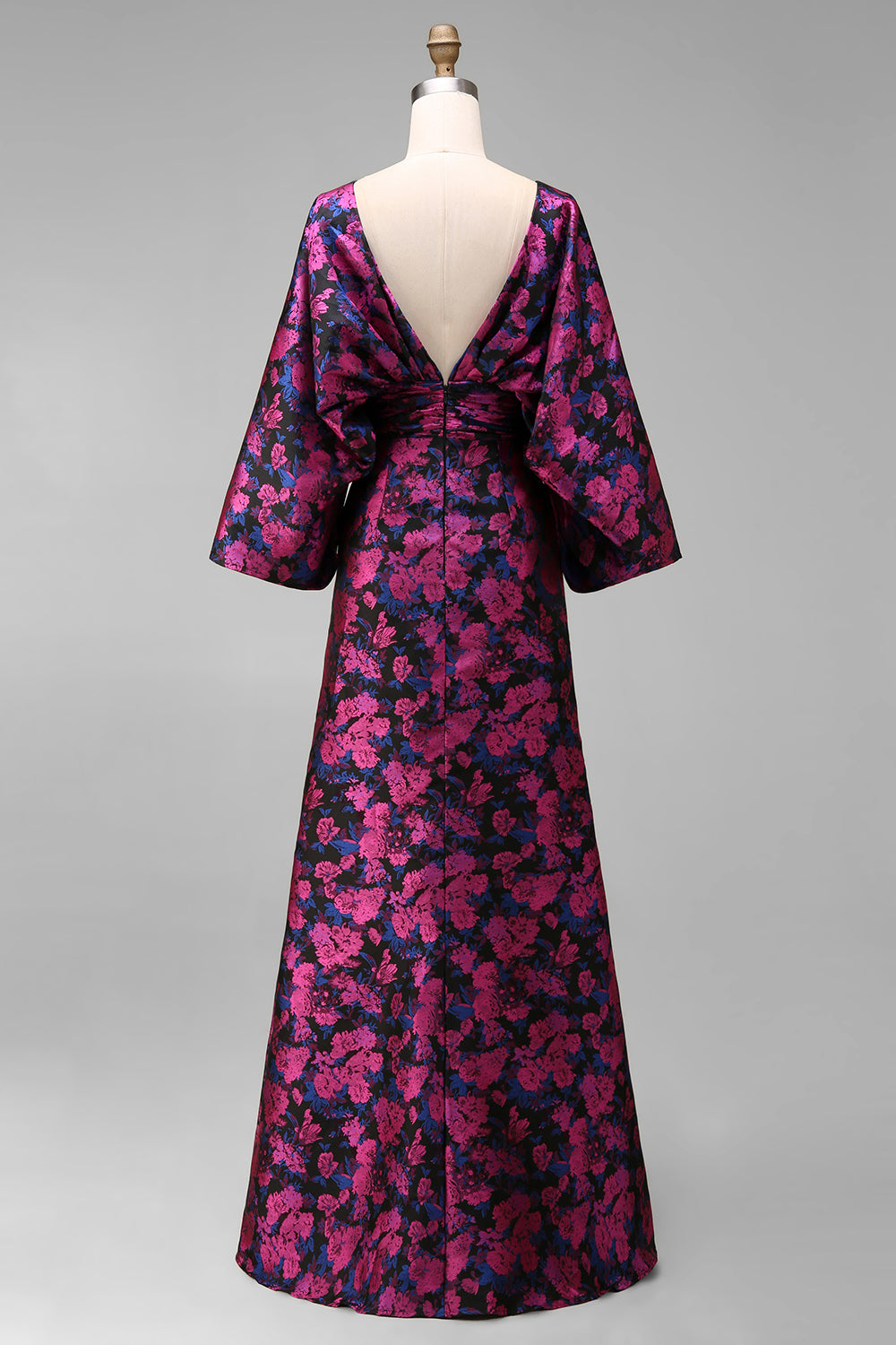 Floral Fuchsia Sheath Ruched Long Mother of the Bride Dress with Sleeves