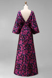 Floral Fuchsia Sheath Ruched Long Mother of the Bride Dress with Sleeves