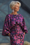 Floral Fuchsia Sheath Ruched Long Mother of the Bride Dress with Sleeves