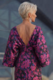 Floral Fuchsia Sheath Ruched Long Mother of the Bride Dress with Sleeves