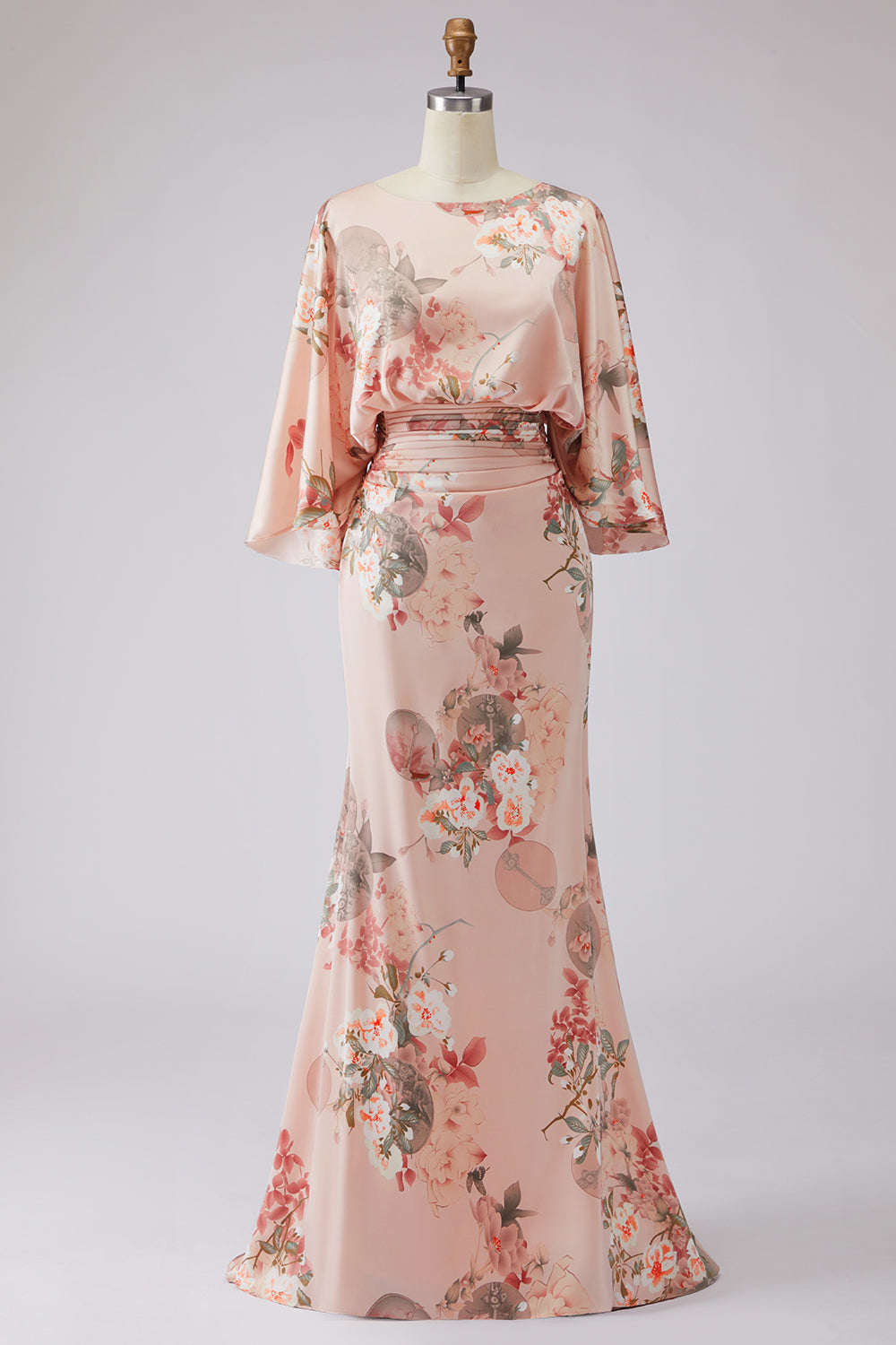 Floral Dusty Rose Ruched Boat Neck Ruched Long Mother of the Bride Dress with Pockets