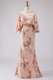 Floral Dusty Rose Ruched Boat Neck Ruched Long Mother of the Bride Dress with Pockets