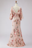 Floral Dusty Rose Ruched Boat Neck Ruched Long Mother of the Bride Dress with Pockets